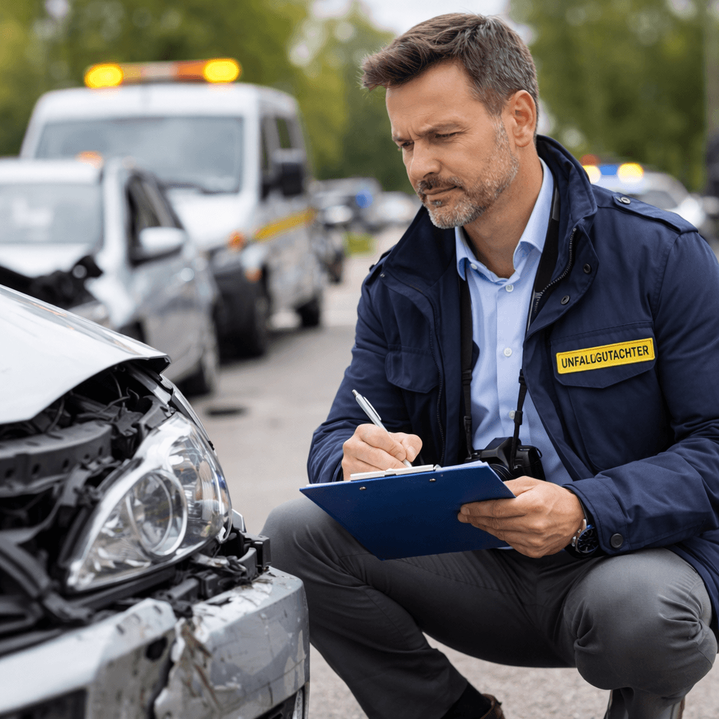Unfallgutachter begutachtet Fahrzeugschaden